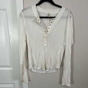 Free People White Long Sleeve Henley Thermal Top,XL